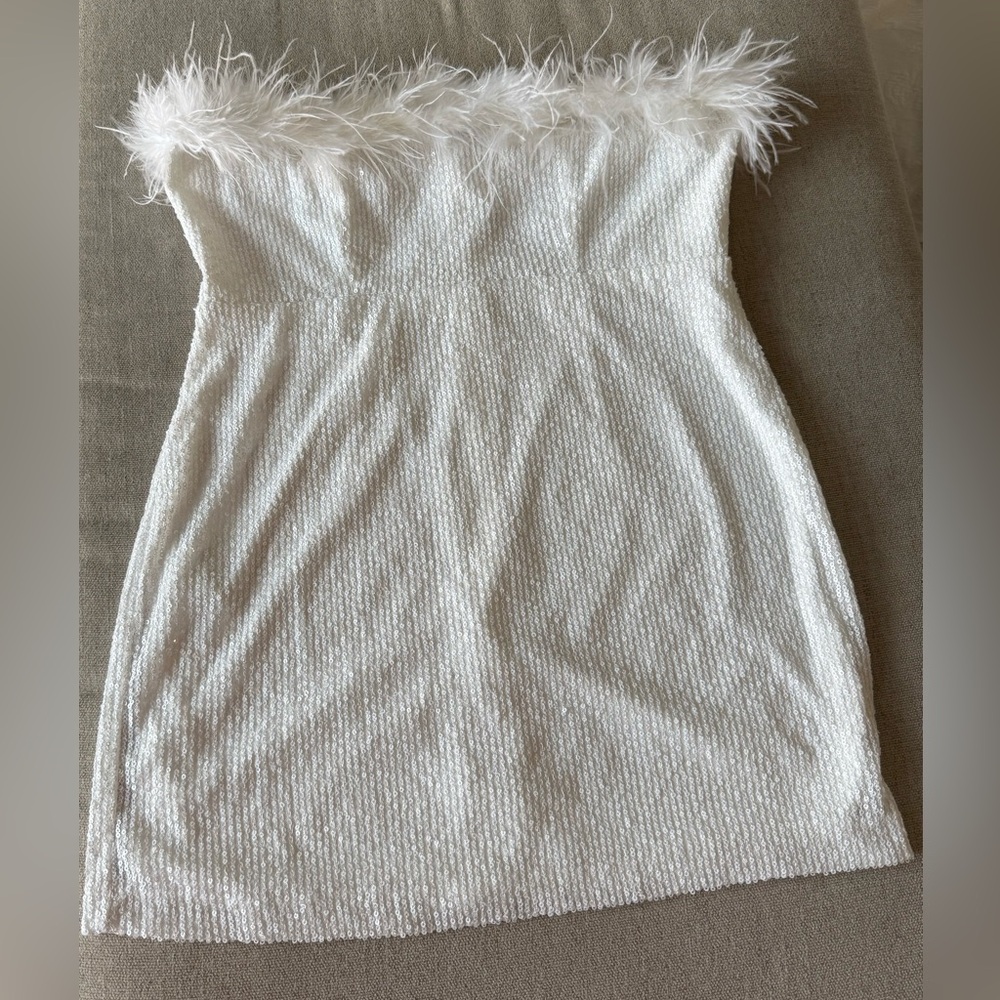 White feather strapless sequin mini dress
